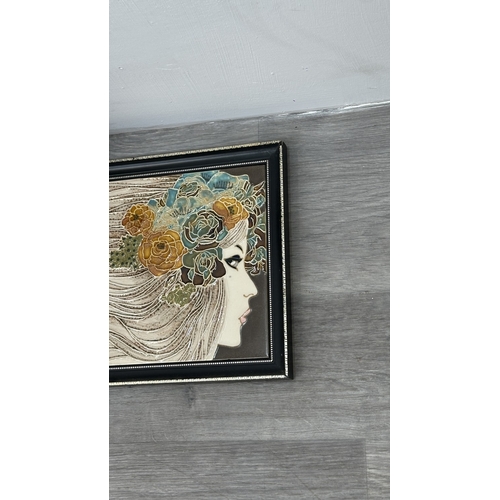 194 - Four framed hand painted ceramic tubelined tile wall plaques, two Maw & Co. Art Nouveau style, one A... 