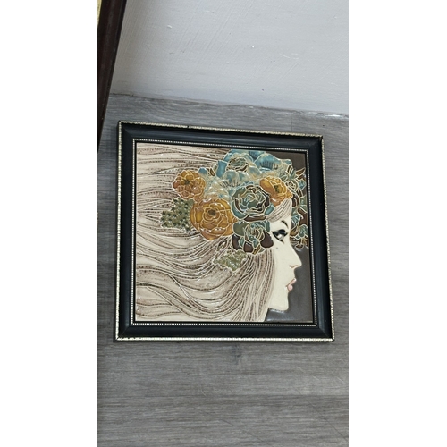 194 - Four framed hand painted ceramic tubelined tile wall plaques, two Maw & Co. Art Nouveau style, one A... 