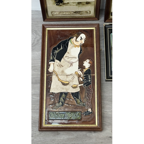 195 - Six framed hand painted ceramic tubelined tile wall plaques, one possibly by Maw & Co. depicting a p... 