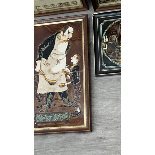 195 - Six framed hand painted ceramic tubelined tile wall plaques, one possibly by Maw & Co. depicting a p... 