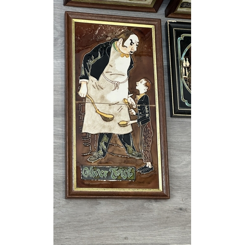 195 - Six framed hand painted ceramic tubelined tile wall plaques, one possibly by Maw & Co. depicting a p... 