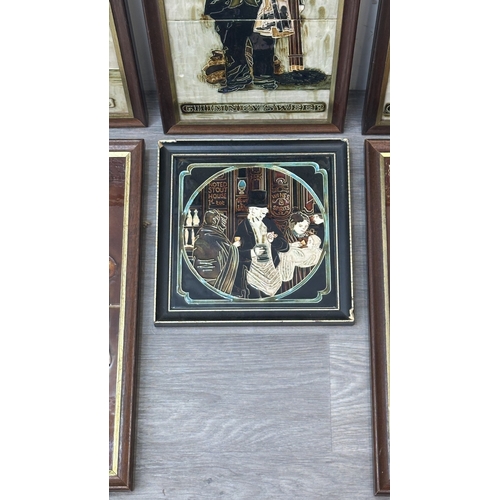 195 - Six framed hand painted ceramic tubelined tile wall plaques, one possibly by Maw & Co. depicting a p... 