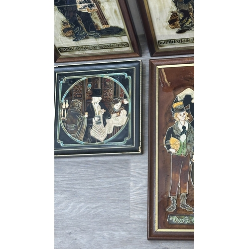 195 - Six framed hand painted ceramic tubelined tile wall plaques, one possibly by Maw & Co. depicting a p... 