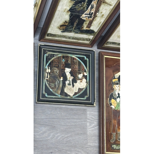 195 - Six framed hand painted ceramic tubelined tile wall plaques, one possibly by Maw & Co. depicting a p... 