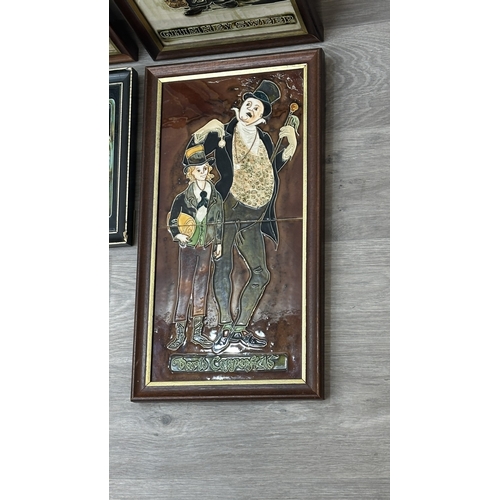 195 - Six framed hand painted ceramic tubelined tile wall plaques, one possibly by Maw & Co. depicting a p... 