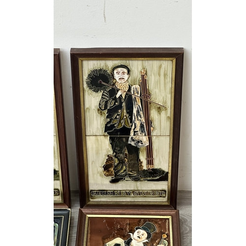 195 - Six framed hand painted ceramic tubelined tile wall plaques, one possibly by Maw & Co. depicting a p... 