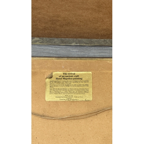 195 - Six framed hand painted ceramic tubelined tile wall plaques, one possibly by Maw & Co. depicting a p... 