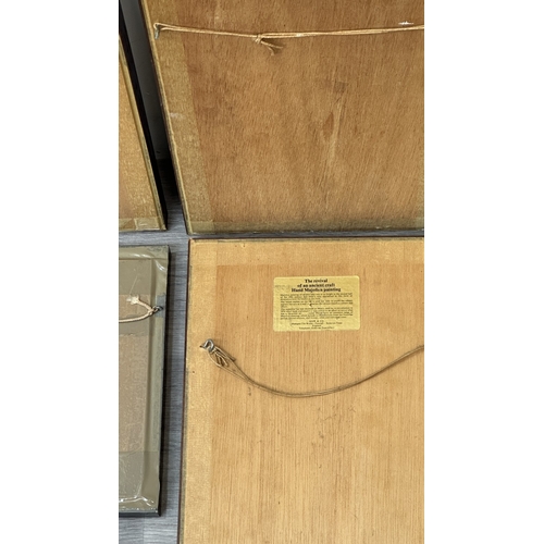 195 - Six framed hand painted ceramic tubelined tile wall plaques, one possibly by Maw & Co. depicting a p... 