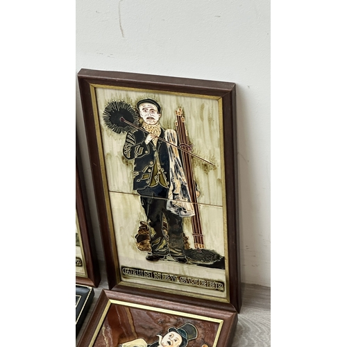 195 - Six framed hand painted ceramic tubelined tile wall plaques, one possibly by Maw & Co. depicting a p... 