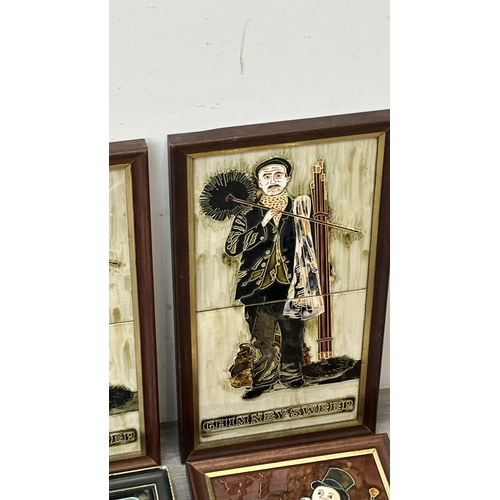 195 - Six framed hand painted ceramic tubelined tile wall plaques, one possibly by Maw & Co. depicting a p... 