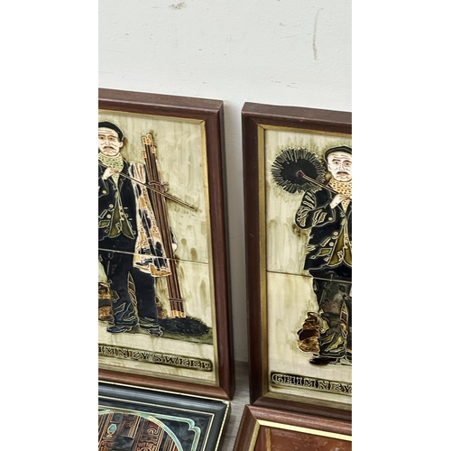 195 - Six framed hand painted ceramic tubelined tile wall plaques, one possibly by Maw & Co. depicting a p... 