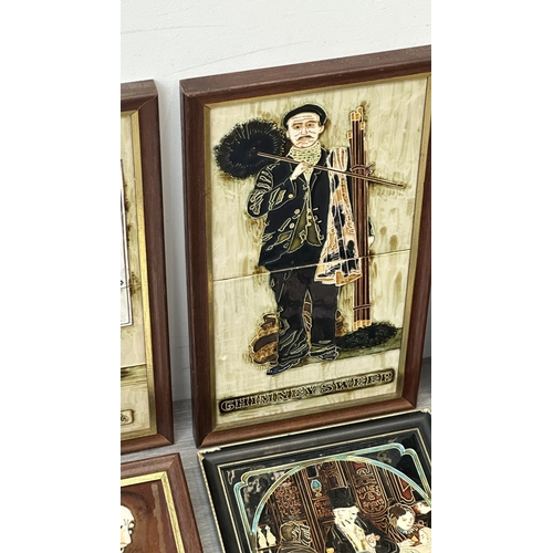 195 - Six framed hand painted ceramic tubelined tile wall plaques, one possibly by Maw & Co. depicting a p... 