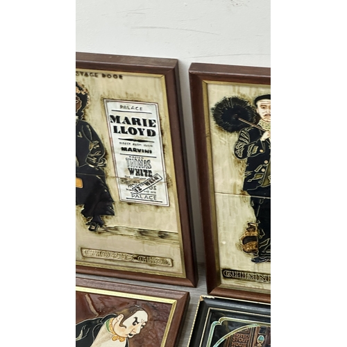 195 - Six framed hand painted ceramic tubelined tile wall plaques, one possibly by Maw & Co. depicting a p... 