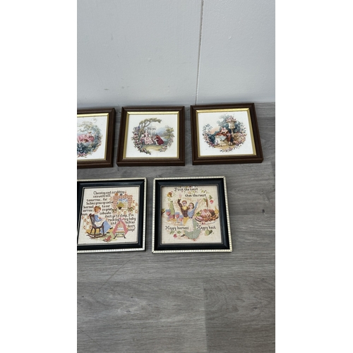 196 - Twelve framed ceramic tile wall plaques, six cross-stitch style and six 19th century style - approx.... 
