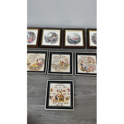 196 - Twelve framed ceramic tile wall plaques, six cross-stitch style and six 19th century style - approx.... 