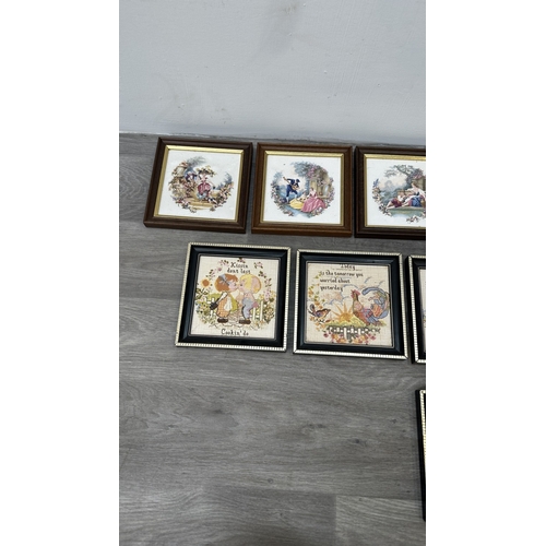 196 - Twelve framed ceramic tile wall plaques, six cross-stitch style and six 19th century style - approx.... 