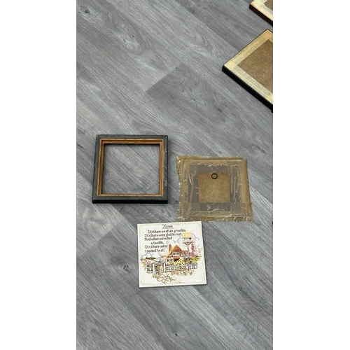 196 - Twelve framed ceramic tile wall plaques, six cross-stitch style and six 19th century style - approx.... 
