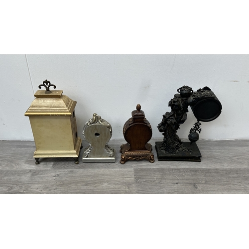 201 - Four resin cased quartz mantel clocks, one Academy bronzed, one WM. Widdop silver painted, one Rococ... 