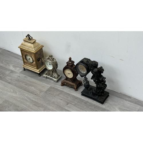 201 - Four resin cased quartz mantel clocks, one Academy bronzed, one WM. Widdop silver painted, one Rococ... 