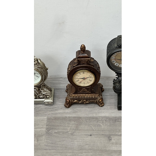 201 - Four resin cased quartz mantel clocks, one Academy bronzed, one WM. Widdop silver painted, one Rococ... 