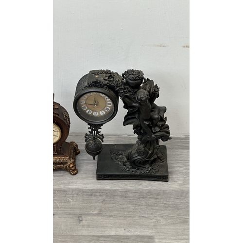 201 - Four resin cased quartz mantel clocks, one Academy bronzed, one WM. Widdop silver painted, one Rococ... 