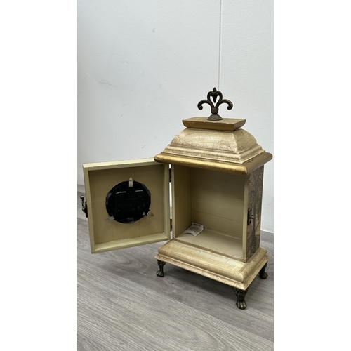 201 - Four resin cased quartz mantel clocks, one Academy bronzed, one WM. Widdop silver painted, one Rococ... 