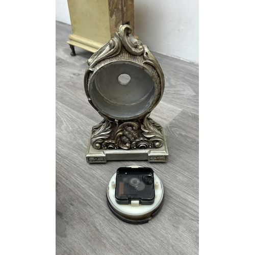 201 - Four resin cased quartz mantel clocks, one Academy bronzed, one WM. Widdop silver painted, one Rococ... 