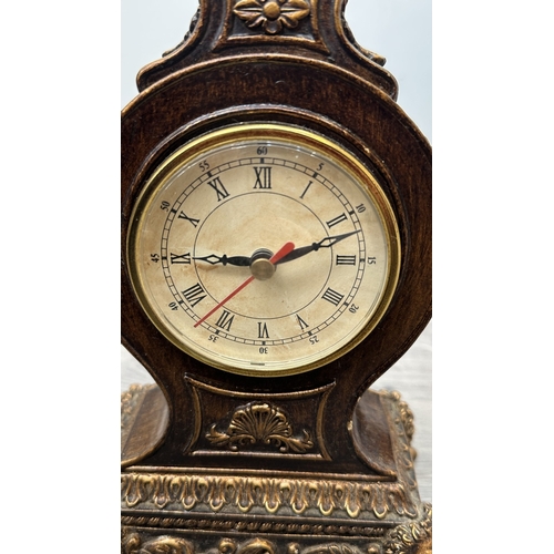201 - Four resin cased quartz mantel clocks, one Academy bronzed, one WM. Widdop silver painted, one Rococ... 
