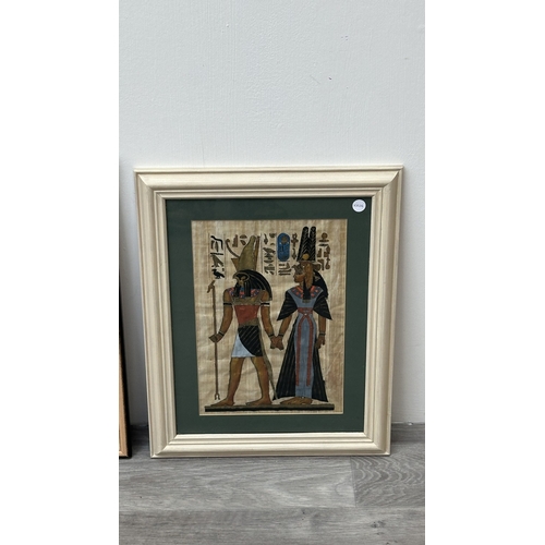 203 - Three framed Egyptian papyrus paintings - largest approx. 51cm high x 42cm wide