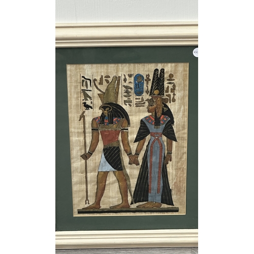 203 - Three framed Egyptian papyrus paintings - largest approx. 51cm high x 42cm wide