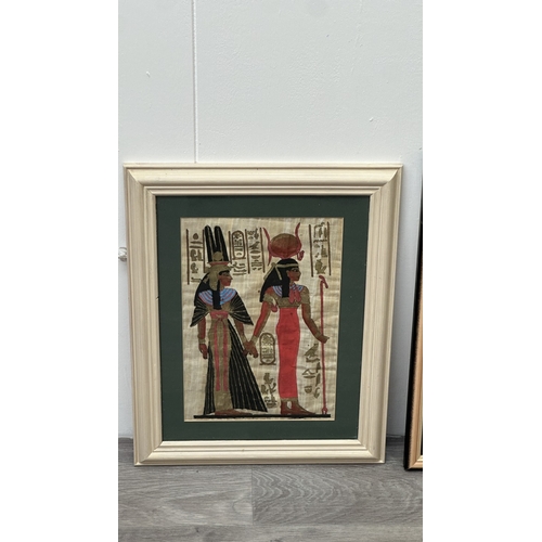 203 - Three framed Egyptian papyrus paintings - largest approx. 51cm high x 42cm wide