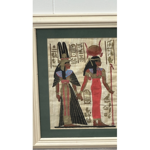 203 - Three framed Egyptian papyrus paintings - largest approx. 51cm high x 42cm wide
