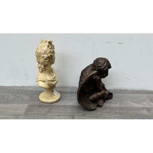 207 - Two items, one cast plaster bust of Apollo Belvedere and one bronzed resin cherub figurine - largest... 