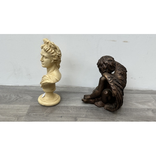 207 - Two items, one cast plaster bust of Apollo Belvedere and one bronzed resin cherub figurine - largest... 