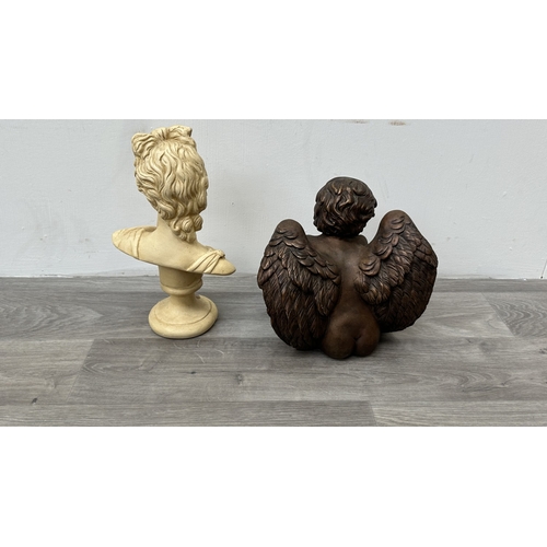 207 - Two items, one cast plaster bust of Apollo Belvedere and one bronzed resin cherub figurine - largest... 