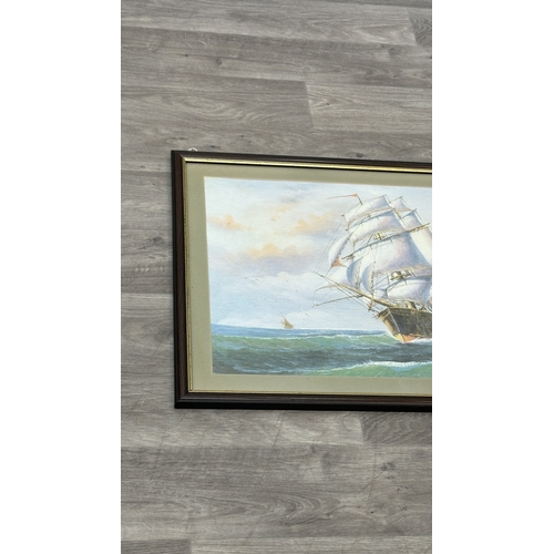 209 - A framed John Ambrose style textured print of a clipper ship - approx. 55cm high x 75cm wide