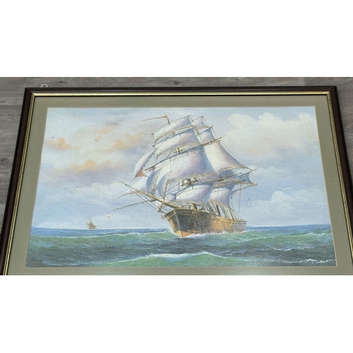 209 - A framed John Ambrose style textured print of a clipper ship - approx. 55cm high x 75cm wide