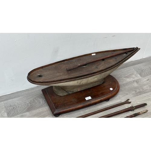 210 - An early 20th century scratch built wooden pond yacht on mahogany plinth - approx. 33cm high x 25cm ... 