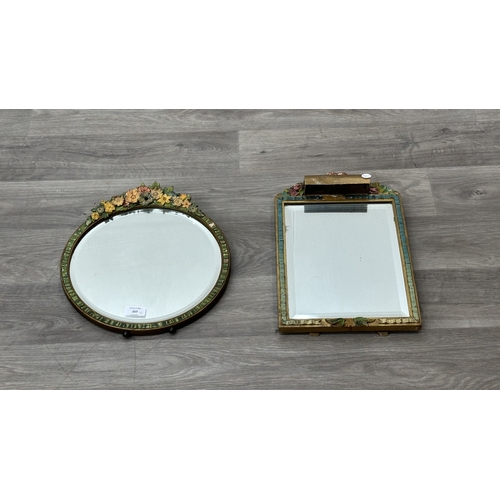 217 - Two early/mid 20th century Barbola hand painted floral decorated framed bevelled edge mirrors, one c... 