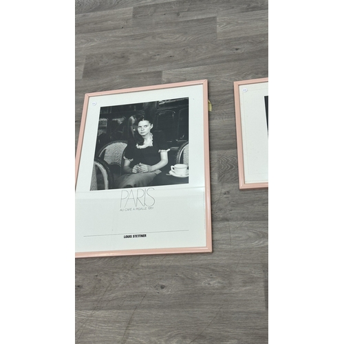 220 - Two 1980s pink lacquered framed black and white prints, one Marrie Bot 'The Restaurant' - approx. 48... 