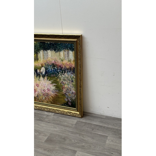 221 - A late 20th century French gilt framed impressionist style oil on canvas depicting a gentleman sat i... 