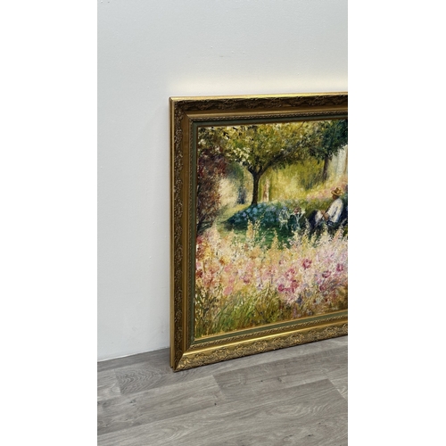 221 - A late 20th century French gilt framed impressionist style oil on canvas depicting a gentleman sat i... 