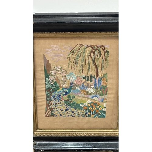 226 - A Victorian gilt and black lacquered framed embroidery depicting a peacock - approx. 54cm high x 47c... 