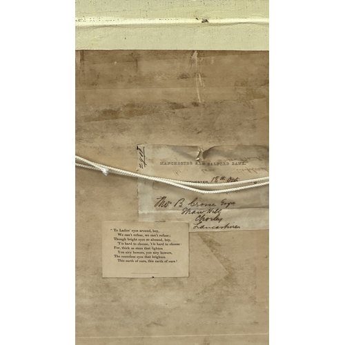 226 - A Victorian gilt and black lacquered framed embroidery depicting a peacock - approx. 54cm high x 47c... 