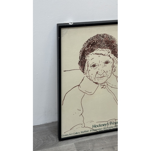 227 - A framed 1978 David Hockney 'Hockney's Progress' exhibition poster featuring the artist's mother - a... 