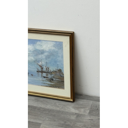 229 - A gilt framed Robert Thurston nautical painting, titled 'Barges in an Estuary' and dated 1990 - appr... 