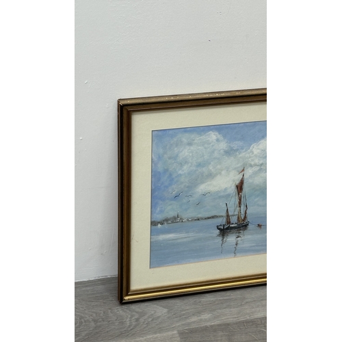 229 - A gilt framed Robert Thurston nautical painting, titled 'Barges in an Estuary' and dated 1990 - appr... 