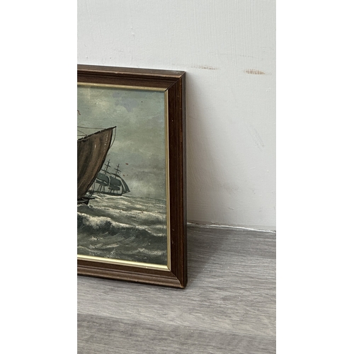 230 - A mid 20th century framed maritime oil on board - approx. 31cm high x 48cm wide