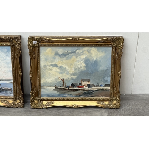 231 - Two mid/late 20th century gilt framed nautical oils on board, signed D. Pring - approx. 37cm high x ... 