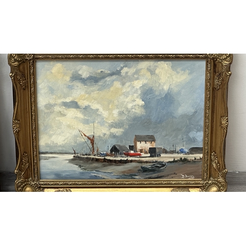 231 - Two mid/late 20th century gilt framed nautical oils on board, signed D. Pring - approx. 37cm high x ... 
